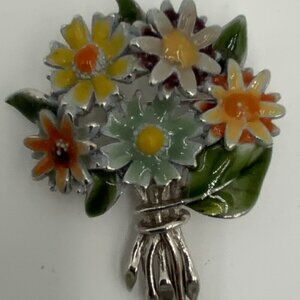 VINTAGE Enameled Metal Large Flower Bunch Bouquet Brooch Pin